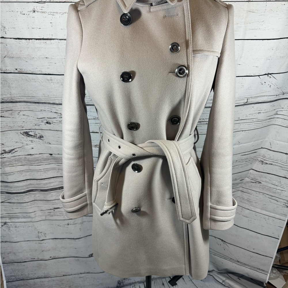Burberry Brit Virgin Wool Cashmere Coat In Light Taupe Gray Size USA 14